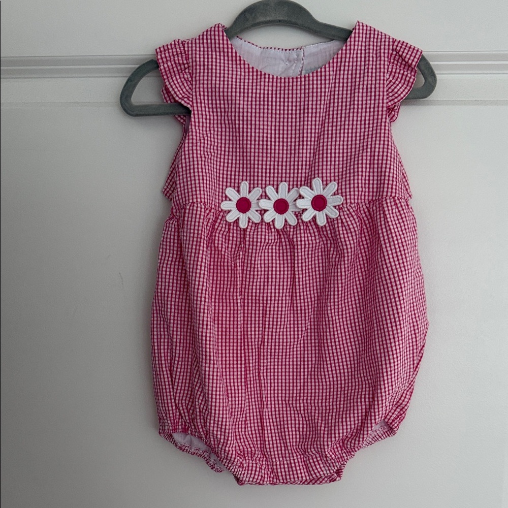 Pink Gingham Baby Romper with Floral Accents